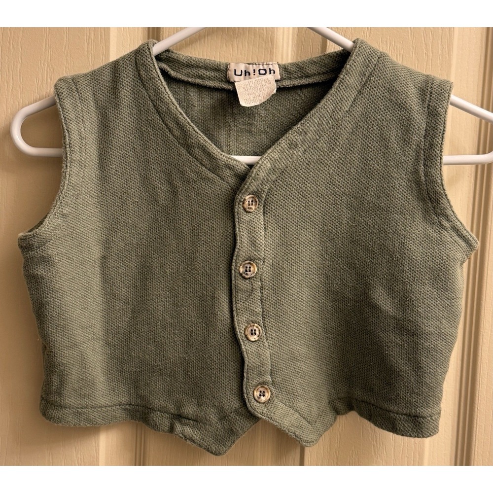 Vintage 90s Uh!‎ Oh Brand Sweater Vest Boys Size 6 Green Button Up EUC